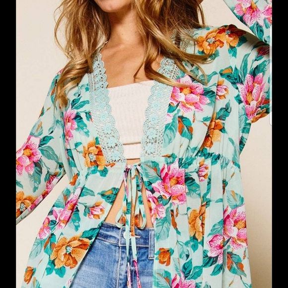 31 Lightweight boho green floral lace trim self tie kimono cardigan maxi dress - Picture 2 of 15